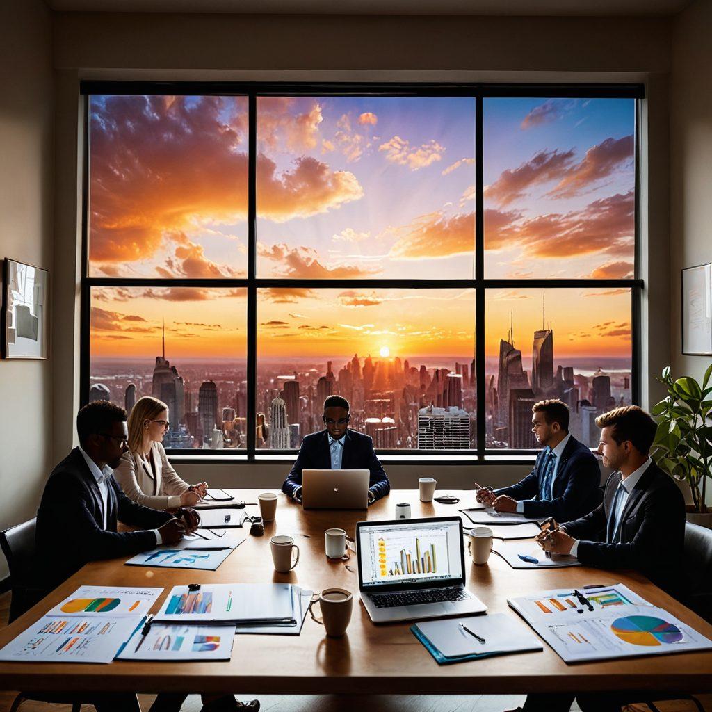 A vibrant group of diverse entrepreneurs collaborating around a large table filled with laptops, notebooks, and coffee cups, symbolizing community and innovation. In the background, a large window showcases a sunrise, representing new beginnings and opportunities. Visual elements such as graphs, charts, and light bulbs floating above the table signify ideas and growth. The atmosphere is warm and inviting, encouraging collaboration and sharing. super-realistic. vibrant colors. bright background.