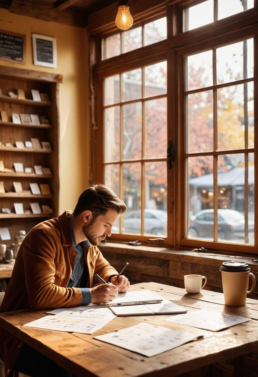 A determined entrepreneur with a laptop in a cozy coffee shop, surrounded by notes and coffee cups, brainstorming ideas for a startup. Sunlight filters through the window, illuminating a blueprint on the table with success charts. A subtle vibe of hustle and passion in the air, showcasing a vibrant yet calm atmosphere. super-realistic. warm colors. soft focus.