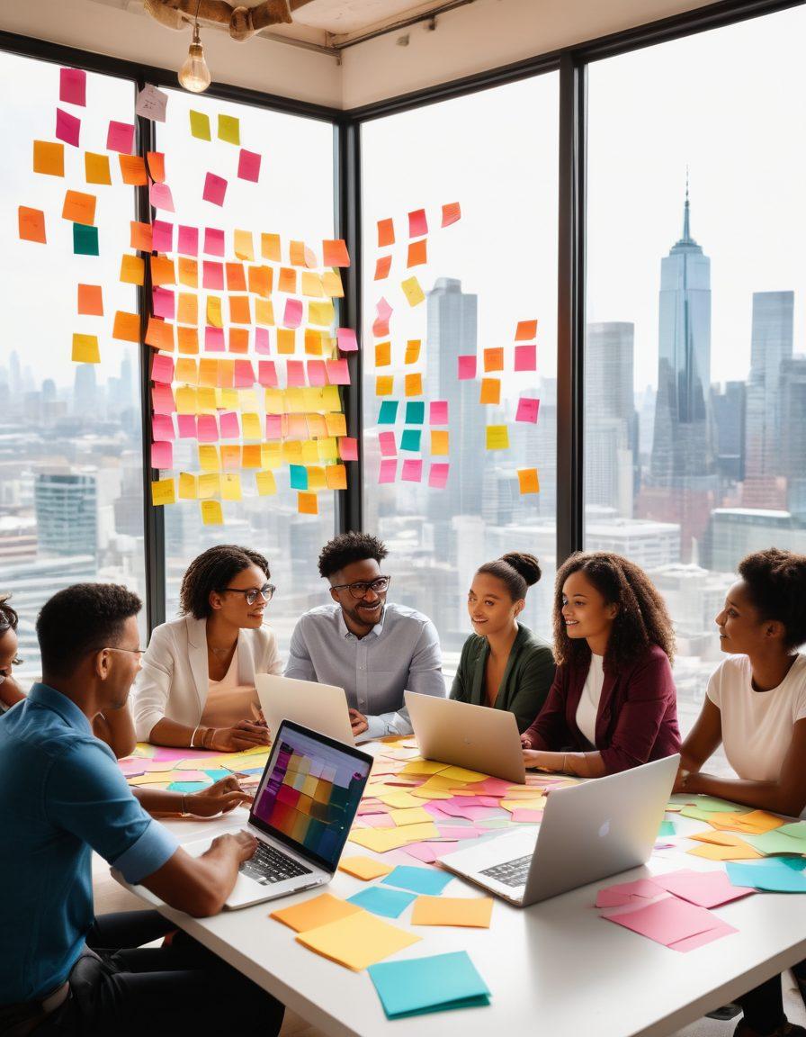 A diverse group of self-made entrepreneurs brainstorming around a large table, colorful sticky notes and laptops scattered about, a light bulb glowing above them symbolizing innovation and creativity, a city skyline visible through a window representing ambition, and a warm, inviting atmosphere. super-realistic. vibrant colors. white background.